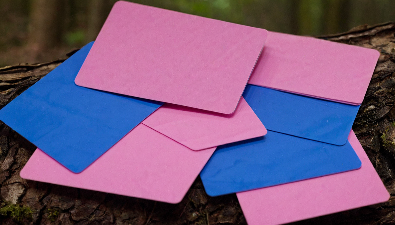 plastkort, a forest landscape (made from) single pink and blue colored rectangular plastic cards, <lora:Plastkort-000006:1>
