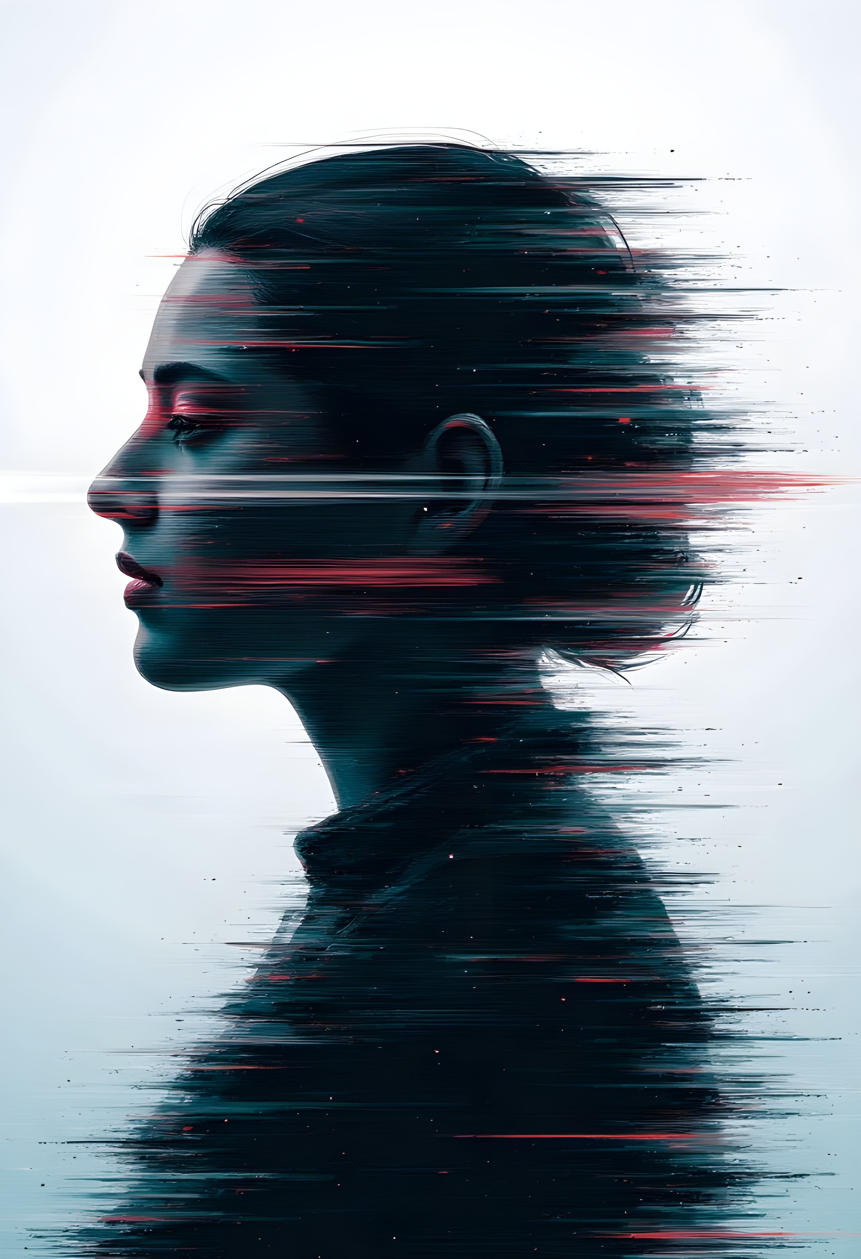 cinna flow, glitch art with linear distortion, horizontal scan lines and digital interference, vertical portrait of single human silhouette, minimal psycho drop pop splash bash background, horizontally distorted figure with scan line interference pattern, soft diffused lighting, corrupted data aesthetic with noise texture and horizontal artifacts