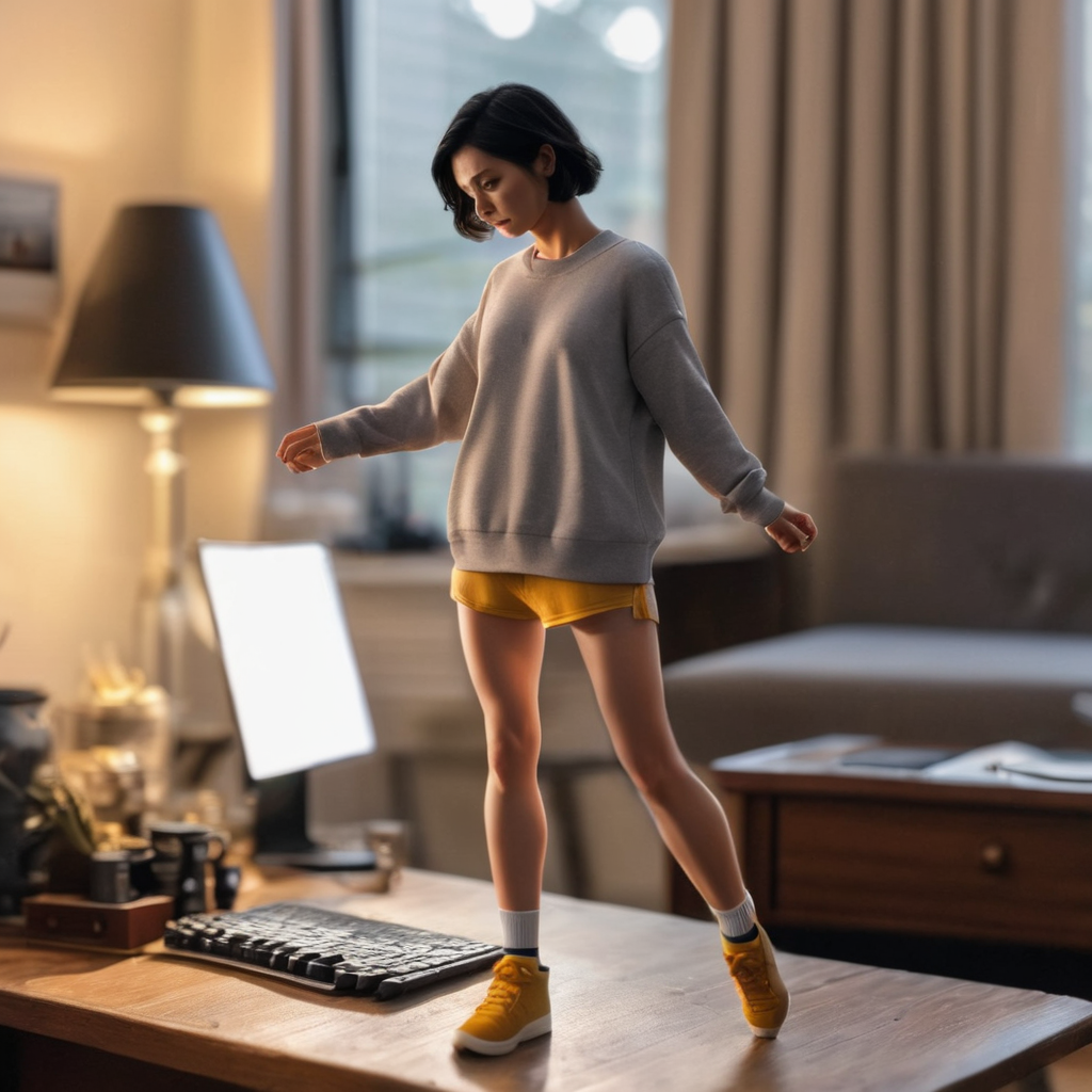 (best quality), (masterpiece), ultra-detailed, illustration, a scene involving one tiny (miniature:1.6) woman, looking at viewer, 30 year old, (huge loose oversized sweatshirt and loose shorts),  wearing socks, miniature woman (standing on desk next to keyboard, lamp), living room, couch, sofa, lamp, curtains, wood floors, coffee table, side table, windows, apartment, dynamic light, combed back black hair, 8k uhd, dslr, soft lighting, high quality, film grain, Fujifilm XT3, sharp focus, F/8.0,  <lora:shrunken:1>