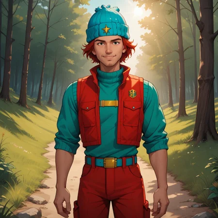 score_9, score_8, BREAK, solo, Smeiden, 1boy, cyan beanie, red hair, red stubble, green sweater, high collar, red vest, red cargo pants, cyan belt, golden belt buckle, green and blue sneakers, black eyes, cool pose, self portrait, smile, looking at viewer, outdoors, sunlight, shadows, evening lighting, natural lighting, forest, trees, grass, orange sky, sunset