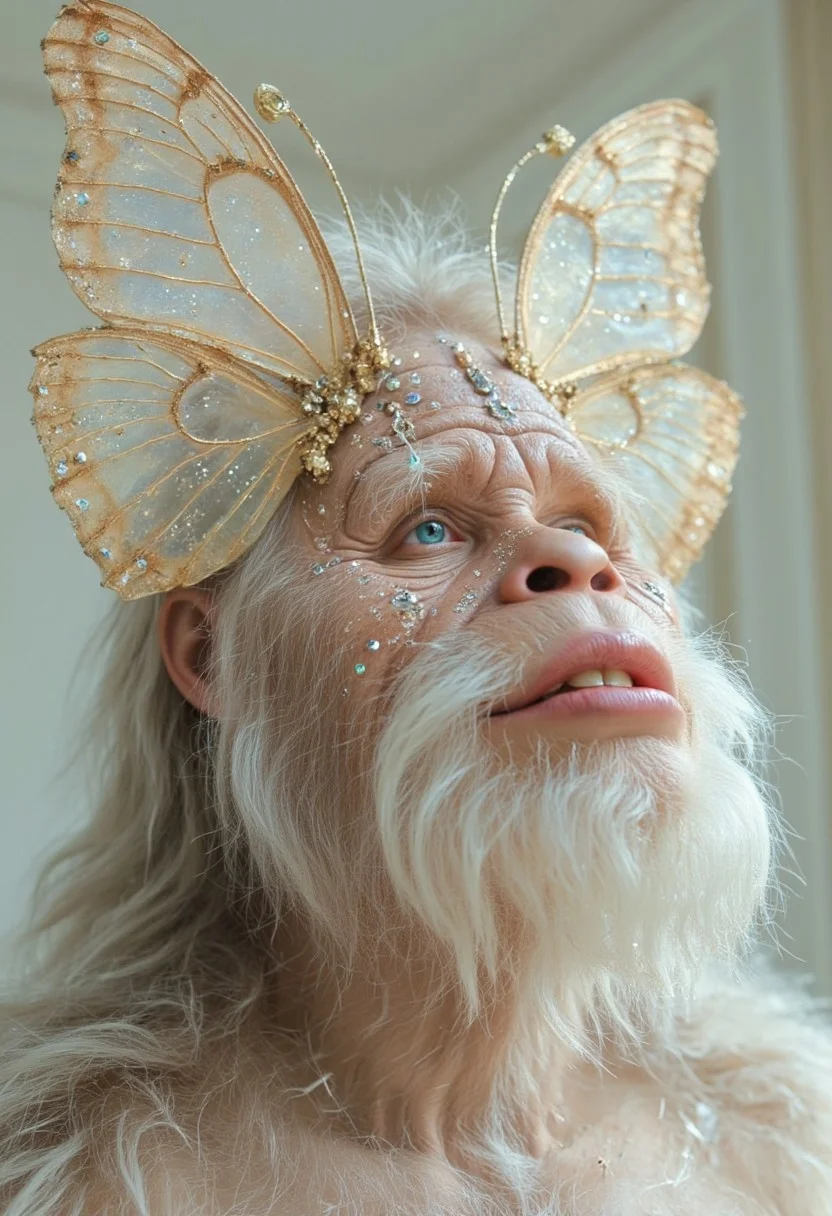 CynthiaPortrait. This enchanting portrait depicts Harrybigfoot with an ethereal appearance, adorned with intricate, butterfly-**** headpieces and shimmering facial hair embellishments. The headpieces are delicately crafted with translucent, gold-tinted wings that have a natural, almost magical quality. Harrybigfoot’s fur glows with a soft, pearlescent sheen, complemented by subtle glitter and intricate jewels that trace delicate patterns across his face and neck. The muted, pastel colors of the image evoke a sense of wonder and timeless elegance. Harrybigfoot’s upward gaze and slightly parted lips convey a serene, almost divine expression, enhancing the overall fairy-tale and mystical atmosphere.
