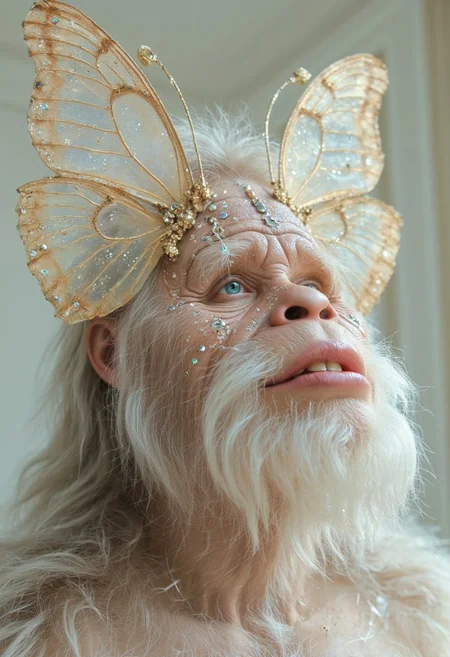 CynthiaPortrait. This enchanting portrait depicts Harrybigfoot with an ethereal appearance, adorned with intricate, butterfly-**** headpieces and shimmering facial hair embellishments. The headpieces are delicately crafted with translucent, gold-tinted wings that have a natural, almost magical quality. Harrybigfoot’s fur glows with a soft, pearlescent sheen, complemented by subtle glitter and intricate jewels that trace delicate patterns across his face and neck. The muted, pastel colors of the image evoke a sense of wonder and timeless elegance. Harrybigfoot’s upward gaze and slightly parted lips convey a serene, almost divine expression, enhancing the overall fairy-tale and mystical atmosphere.
