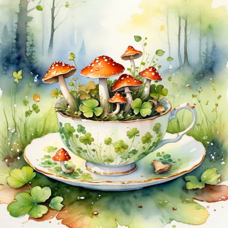 classic storybook illustration, playful Irish fairies, miniature tea party, shamrock leaves, tiny acorn teacups, glistening dewdrops, vibrant mushrooms, whimsical toadstools, (watercolor painting:1.3), soft colors, gentle light