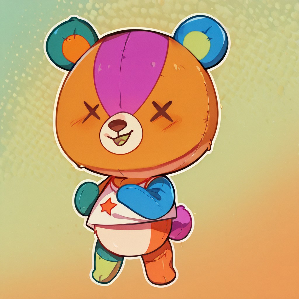 living plushie, X-shaped eyes, Multi-colored skin, fur, white mouth, Pink round tail, Blue left arm, dark green right arm, light green left leg, orange right legs, green left ear with orange interior, blue right ear with green interior, orange skin with pink stripe on forehead, White muzzle with brown mouth and nose, white shirt with multicolored star, Chibi, Bear