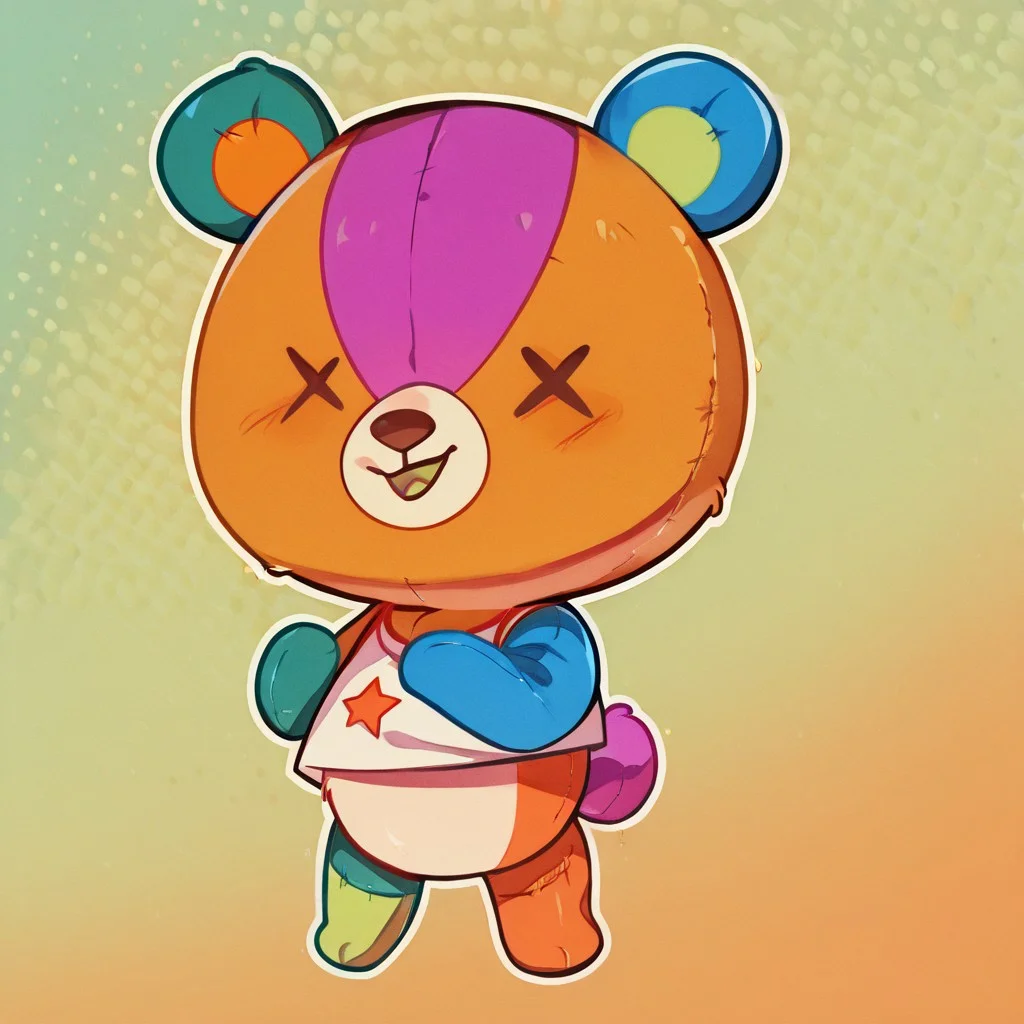 living plushie, X-shaped eyes, Multi-colored skin, fur, white mouth, Pink round tail, Blue left arm, dark green right arm, light green left leg, orange right legs, green left ear with orange interior, blue right ear with green interior, orange skin with pink stripe on forehead, White muzzle with brown mouth and nose, white shirt with multicolored star, Chibi, Bear