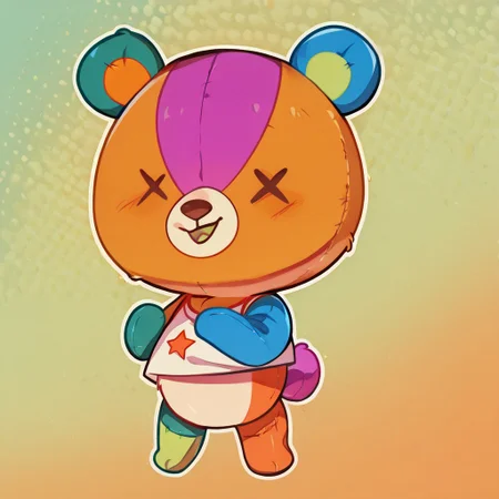 living plushie, X-shaped eyes, Multi-colored skin, fur, white mouth, Pink round tail, Blue left arm, dark green right arm, light green left leg, orange right legs, green left ear with orange interior, blue right ear with green interior, orange skin with pink stripe on forehead, White muzzle with brown mouth and nose, white shirt with multicolored star, Chibi, Bear
