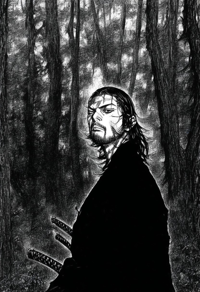 Vagabond, a close up three-quarters image of Miyamoto Musashi posing in a Jungle, trees in the background.