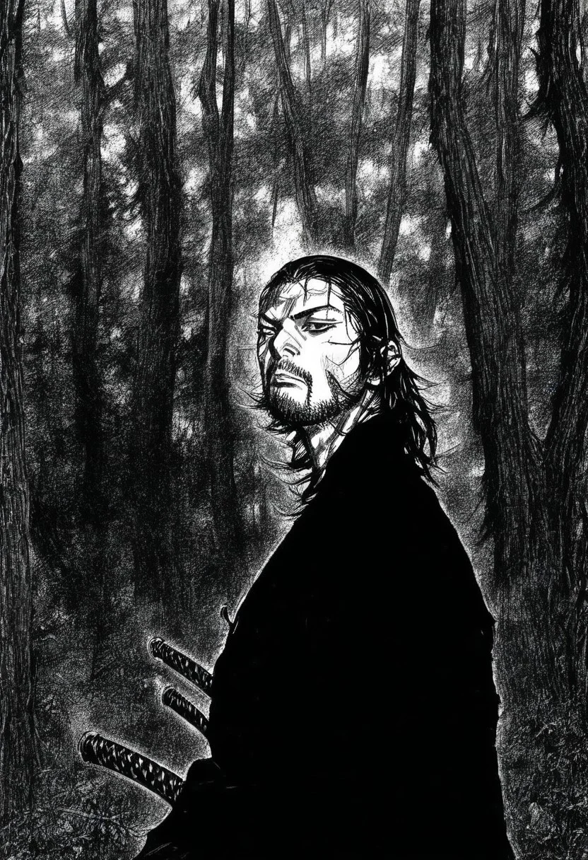 Vagabond, a close up three-quarters image of Miyamoto Musashi posing in a Jungle, trees in the background.