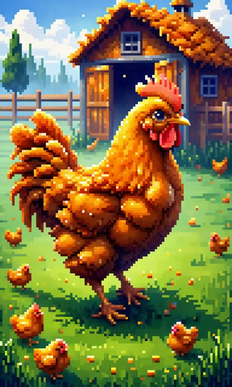((masterpiece, best quality)), illustration, digital painting,
<lora:Deep-Fried__Crispy_Style_World_Morph_V2:0.8> dfc, a pixel art style chicken made of deep fried & crispy breading, big eyes, shocked, retro video game environment, farm, grass, trees, barn,