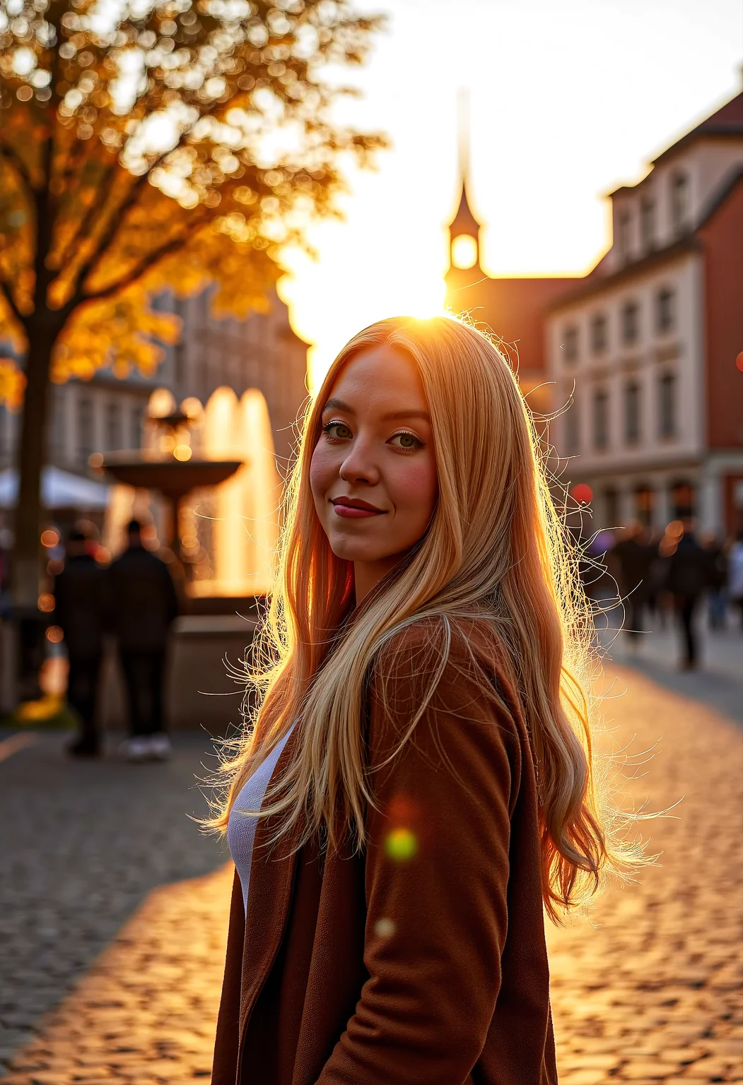 sw33ny, close-up shot, photorealism, photography of a beautiful woman, standing on a cobblestone street, sunset, wearing casual autumn clothes, long blonde hair, smiling warmly, outdoors, sunny morning, autumn foliage, traditional houses, fountain, vibrant colors, detailed, photorealistic,looking to the side, wind, hair flowing over, crowded,