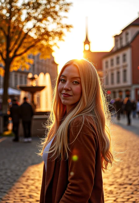 sw33ny, close-up shot, photorealism, photography of a beautiful woman, standing on a cobblestone street, sunset, wearing casual autumn clothes, long blonde hair, smiling warmly, outdoors, sunny morning, autumn foliage, traditional houses, fountain, vibrant colors, detailed, photorealistic,looking to the side, wind, hair flowing over, crowded,