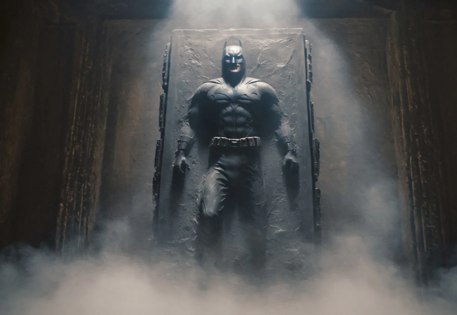Wide Angle Scene, In the catacombs of a gigantic presence, dark, angular columns rise up to the ceiling, atmospheric lighting, volumetric lighting, atmospheric haze, dim light, low light, dramatic light, partially covered in shadow, floating dust particles, visible dust in light rays, vintage dusty atmosphere, cinematic quality, batman frozen in carbonite, deep Blacks, very detailed, atmospheric haze, Film grain, cinematic film still, shallow depth of field, highly detailed, high budget, cinemascope, moody, epic