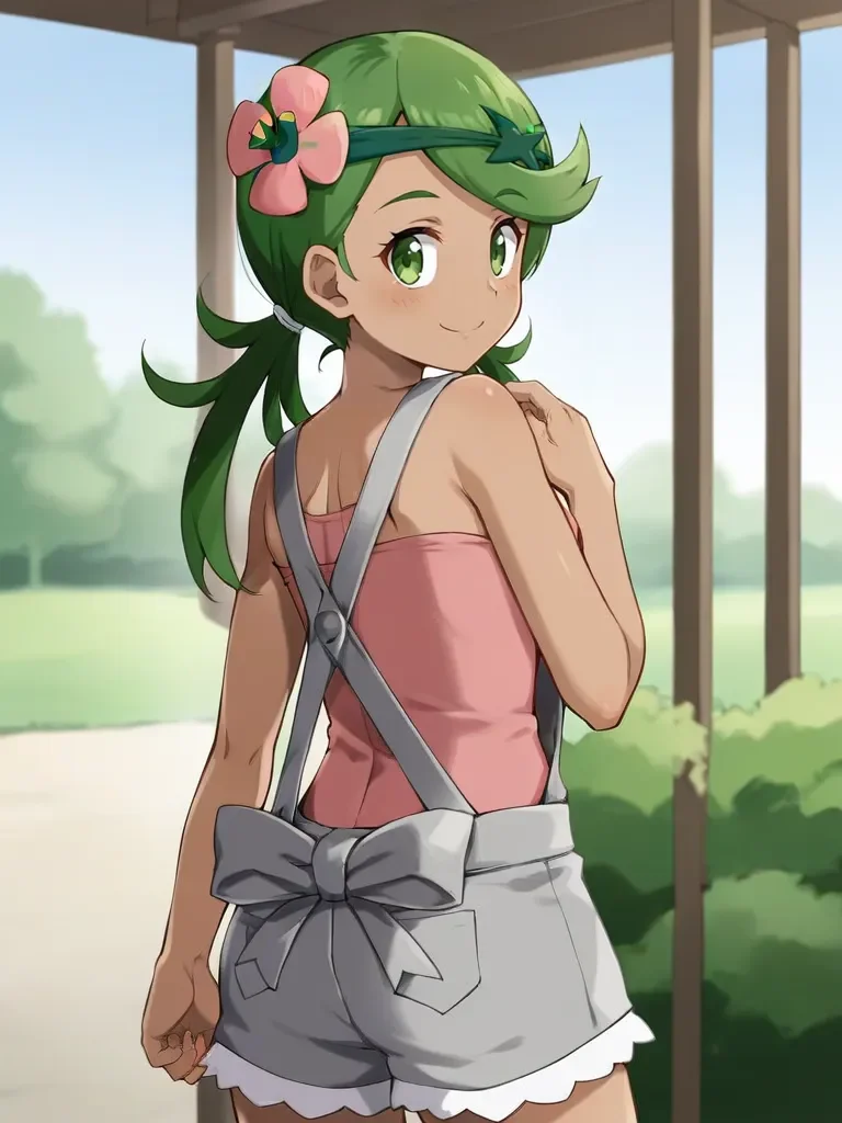 <lora:mallmaowtsukishiro:0.7>
1girl, solo, maollow, dark skin, green hair, low twintails, hair ornament, hair flower, green eyes, pink shirt, grey overalls, gray shorts, standing, from behind, looking at viewer, outdoors, smile