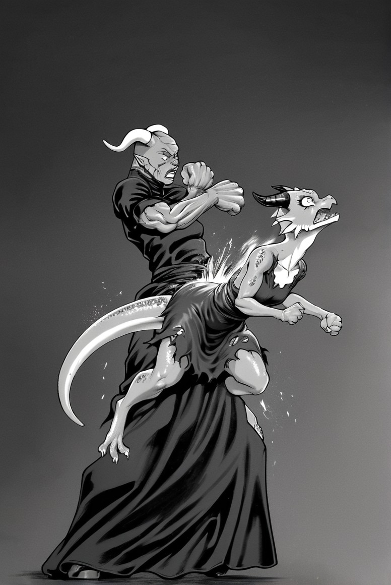 score_9, score_8_up, score_8,    <lora:Itagaki_V3:0.8> itagakisty1e, monochrome, greyscale, 1girl, kobold, tattered dress, horns, action, hit, punch, 1boy, impact