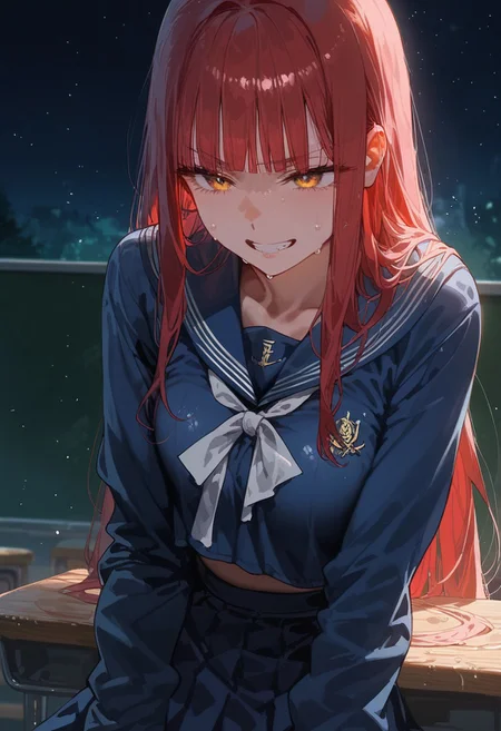 score_9, score_8_up, score_7_up, score_6_up, score_5_up, score_4_up, source_anime,
masterpiece, detailed, detailed body,
,
volumetric lighting, vibrant colors, light particles, godrays, warm light, 1dk, Expressiveh
girl, solo, ), slim body,
Sweat, sweaty, wet, shiny, shiny skin, skindentation,
),
<lora:zs_SahoriXL_1:1> sahorismtv, long hair, blunt bangs, red hair, blue serafuku, long sleeves, blue skirt, white pantyhose, night, school classroom, evil grin,,
Motionlines, actionlines,
Expressive eye,
Expressionless,