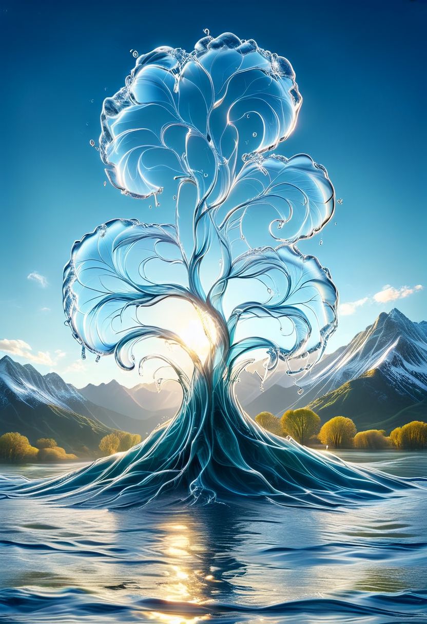 UHD, masterpiece, high quality, extremely details, intricate details, sharp focus, realistic, OverallDetailXL, sss
a tree made of ((water)) ,((ais-wvs)),  lake surrounded by mountains,sun sunlight, sunray ,SauronsTower,