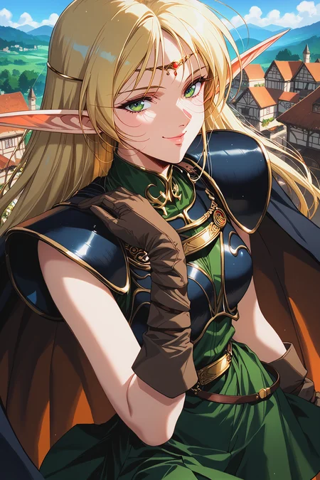 score_9, score_8, score_7, score_6_up, score_5_up,
deedlit, circlet, shoulder armor, (breastplate), green tunic, gold choker, arm_wraps, belt,ruby circlet, gold line filigree decoration, short tunic, short skirt, hand up,
1girl, long hair, blonde, elf, navy blue breastplate, navy blue shoulder armor, sleeveless, leather gloves, Cloak, green shirt, brown gloves, two-tone cape, long boots,(long cape),
beautiful face, 24 years old,
smile, green eyes,
bangs,
record of lodoss war,
upper body, from above,
medieval village, from above, gold patten trimed, detailed pattern,
<lora:Degen_Deedlit_v1:0.55>, <lora:TOO_NobuteruYuuki_v3B_PonyXL:0.55>, <lora:PirotessXLpony001:0.3>, <lora:Urushihara Satoshi_XL_PONY_V2:0.4>, <lora:Sinozick_Style_XL_Pony:0.2>, <lora:DefaultZ17:0.2>, <lora:style1:0.2>, <lora:pixivtext2:0.2>,