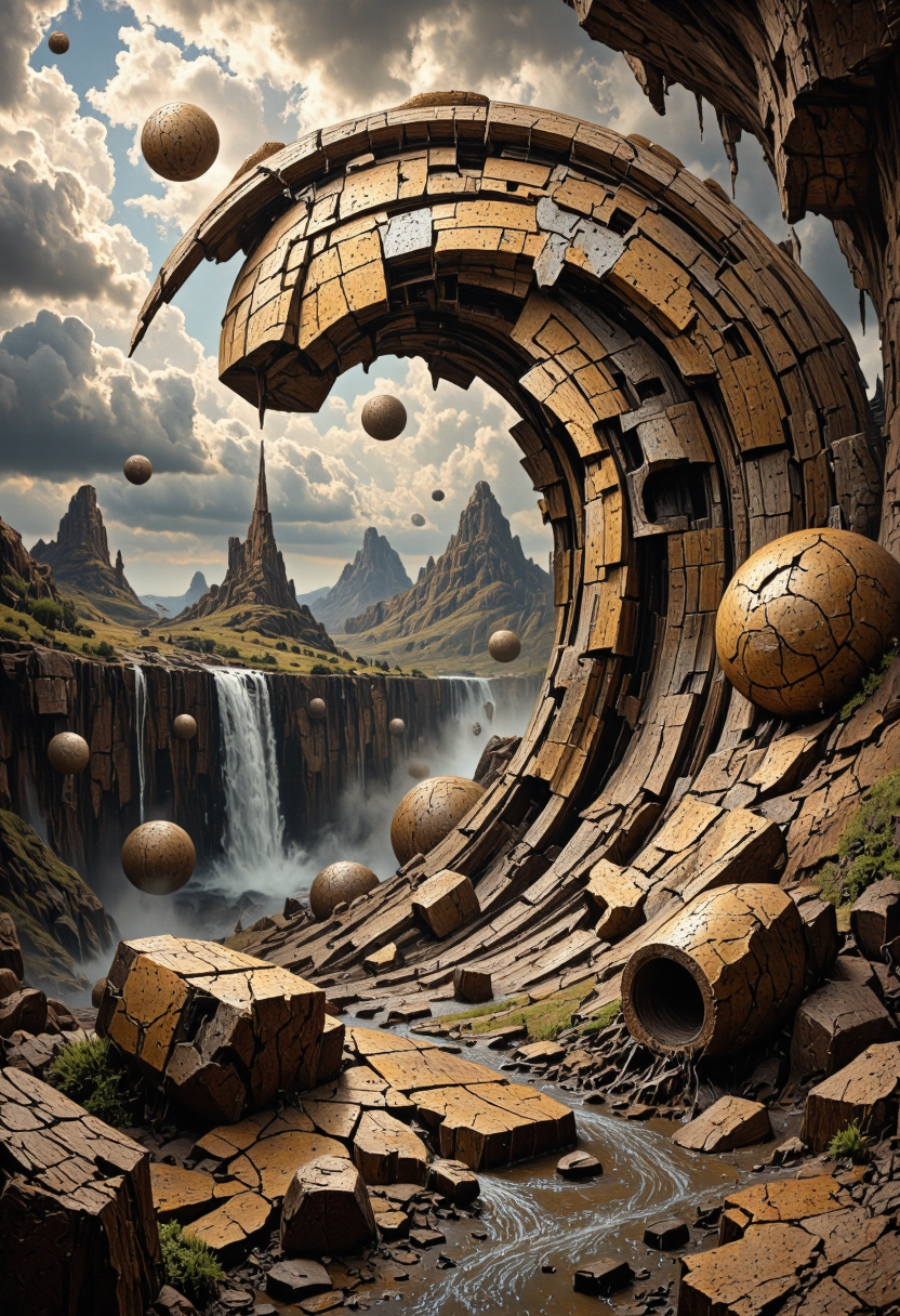 <lora:Pieper-Geometrics-Earthbound:0.8>, Op-Art, abstract, Geometric Shapes, dark mud texture with sparkling sandy grain shapes becomes more rusty and corrosive over time.,spiraling into the sky, surrounded by floating islands and waterfalls