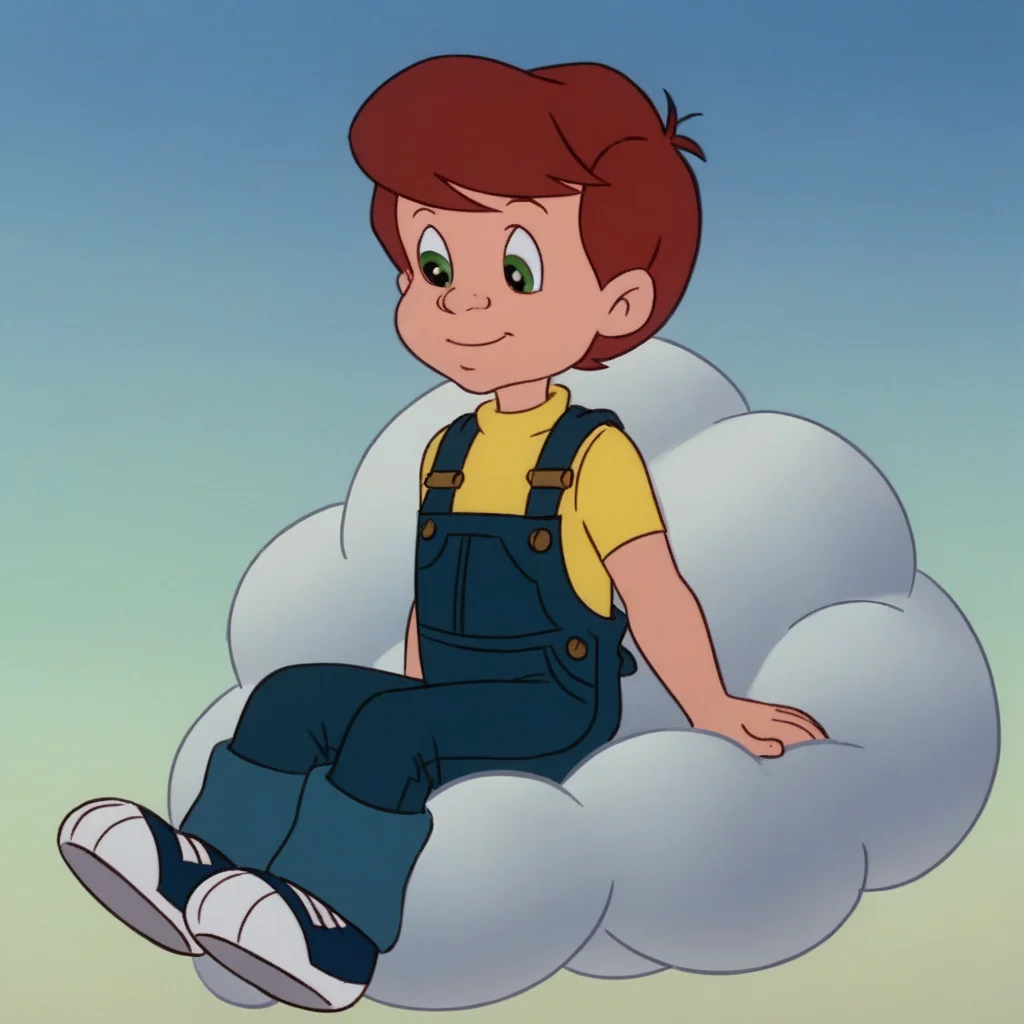 score_9_up, score_8_up, BREAK, JasonCBM, solo, brown hair, overalls, human, yellow shirt, green eyes, accurate, 1boy, male focus, male child, full body, riding on cloud, sitting on cloud <lora:Jason_The_Care_Bears_Movie:1>