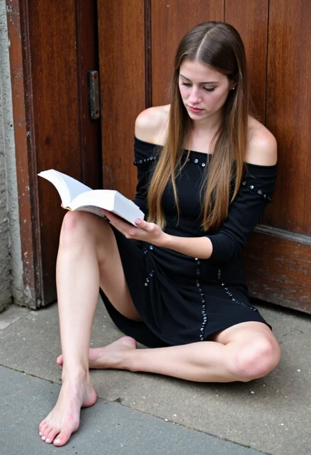 Young woman, mid-20s, fair complexion, long light brown hair, wearing an off-shoulder black dress with subtle sequins, seated on the ground, back against a wooden door. She is barefoot, toes relaxed, crossed legs extended forward. Her focus is on an open book, held gently in both hands. Natural makeup, soft pink lipstick, minimal eyeliner, gives her a serene appearance. Rustic urban setting, slight texture on the wooden door behind her. Image quality is sharp, no motion blur, balanced exposure, high detail in both subject and background., 
