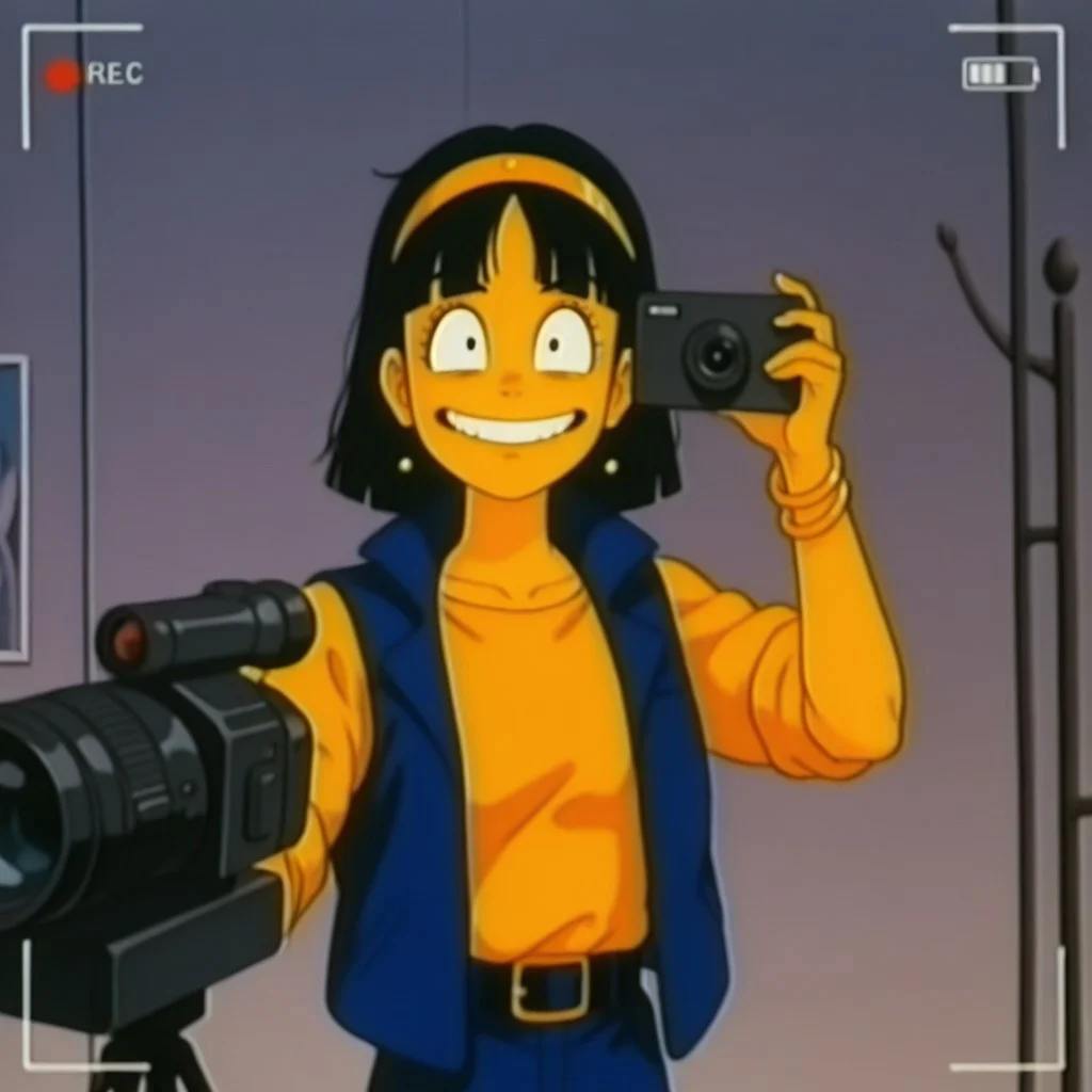 Eun, 1girl, alone, short black hair, yellowish skin, yellow shirt and headband, dark blue vest, belt, bracelets, earrings, half body
Eun smiling while holding a video camera and recording the viewer, POV