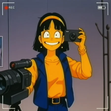 Eun, 1girl, alone, short black hair, yellowish skin, yellow shirt and headband, dark blue vest, belt, bracelets, earrings, half body 
Eun smiling while holding a video camera and recording the viewer, POV