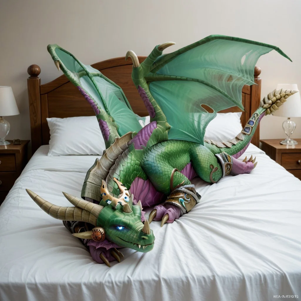score_9, score_8_up, score_7_up, score_6_up, masterpiece, high quality, realistic, detailed, best quality, 1girl, solo, rating_safe, source_furry, bedroom, smiling, seductive, looking at viewer, lying on bed, lying on bed, full body, ysera_wc, dragon, green scales, wings, horns, tail, claws, female, 1girl, feral, blue eyes, glowing eyes, headpiece
