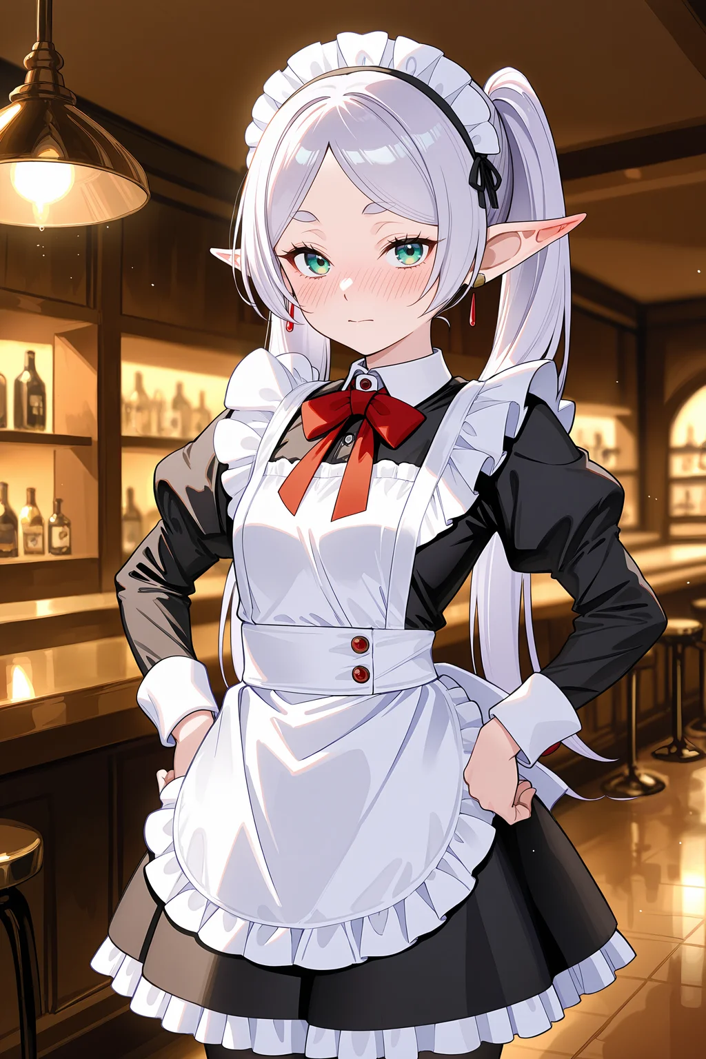 1girl, frieren, twintails, solo, maid, maid headdress, maid apron, shy, pantyhose, hands on hips, looking at viewer, cowboy shot, bar \(place\), indoors, depth of field <lora:Char-Frieren-IL-V1:0.8:hr=0.6>, (kanzaki hiro, konya karasue, mika pikazo, rella:0.6)
masterpiece, best quality, amazing quality, very aesthetic, absurdres, newest, (scenery, volumetric lighting), ray tracing, (bloom:1.4), cinematic