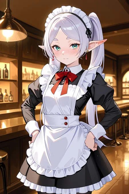 1girl, frieren, twintails, solo, maid, maid headdress, maid apron, shy, pantyhose, hands on hips, looking at viewer, cowboy shot, bar \(place\), indoors, depth of field <lora:Char-Frieren-IL-V1:0.8:hr=0.6>, (kanzaki hiro, konya karasue, mika pikazo, rella:0.6)
masterpiece, best quality, amazing quality, very aesthetic, absurdres, newest, (scenery, volumetric lighting), ray tracing, (bloom:1.4), cinematic