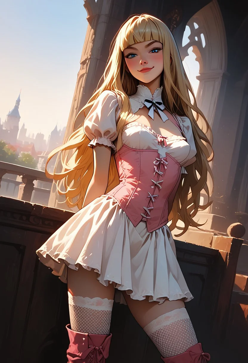 score_9, score_8_up, score_7_up, ExpresHGothicNeonIncase, detailed image, 1girl, solo,( blonde hair), blue eyes, long hair, hime cut, long bangs, small breasts, bnnnbrst, pink corset, frills, white dress, sunrise, (fishnet stockings, white legwear:1.2), rooftops, mansion, city, pink boots, fisheye, (relaxed, dutch angle:1.2), knee boots, (smug:1.2), leaning forward, full body shot, standing, hands behind back, depth of field, soft focus, high contrast, volumetric lighting, cinematic lighting, minimal shadows, perfect composition