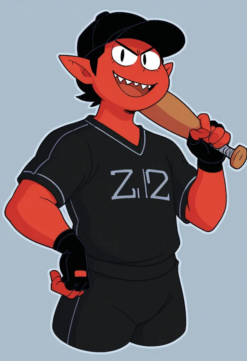 score_9, score_8_up, score_7_up, BREAK, 1boy, solo, red skin, black hair, black eyes, black baseball outfit, sportswear, ((no nose)), black baseball cap, black gloves, fingerless gloves, pointy ears, smile, open mouth, sharp teeth, fangs, holding baseball bat, looking at viewer,