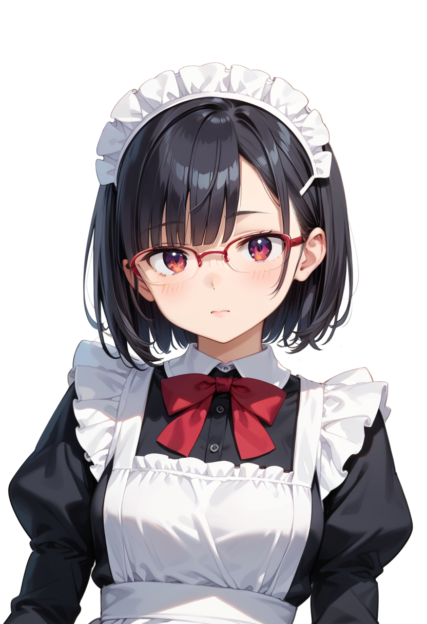 score_9, score_8_up, score_7_up, rating_safe, masterpiece, best quality, absurdres, unity 8k wallpaper, official art, official style, source_anime, uncensored, game cg, megami magazine,
1girl, solo, black hair, medium hair, upper body, covered eyes,maid, maid headdress, black dress, maid apron, face focus,
halfrim17s,  still life, white background, simple background, red-framed eyewear,
 <lora:glasses_halfrim17S_PONY_V1:1>