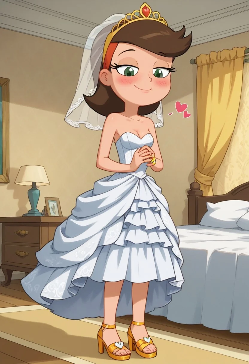 score_8, score_8_up, score_7_up, BREAK, masterpiece, highres, source_cartoon, 1girl, solo, cute, female focus, solo, adyson, brown hair, green eyes,
blushing red, bedroom eyes, shy, Smile, hearts, looking down, blushing, cute,
Wedding dress, Wedding veil, Golden tiara, Golden Wedding ring, Golden high heels sandals,
detailed background, living room, bedroom, standing, full body, barefoot,
<lora:Adyson_Sweetwater_Phineas_and_Ferb:1>