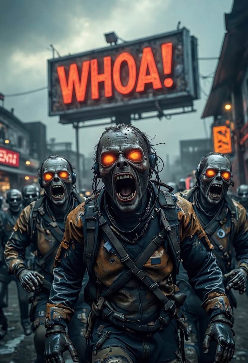 yfg-daak Zombies running screaming. A large billboard in the background reads "WHOA!"