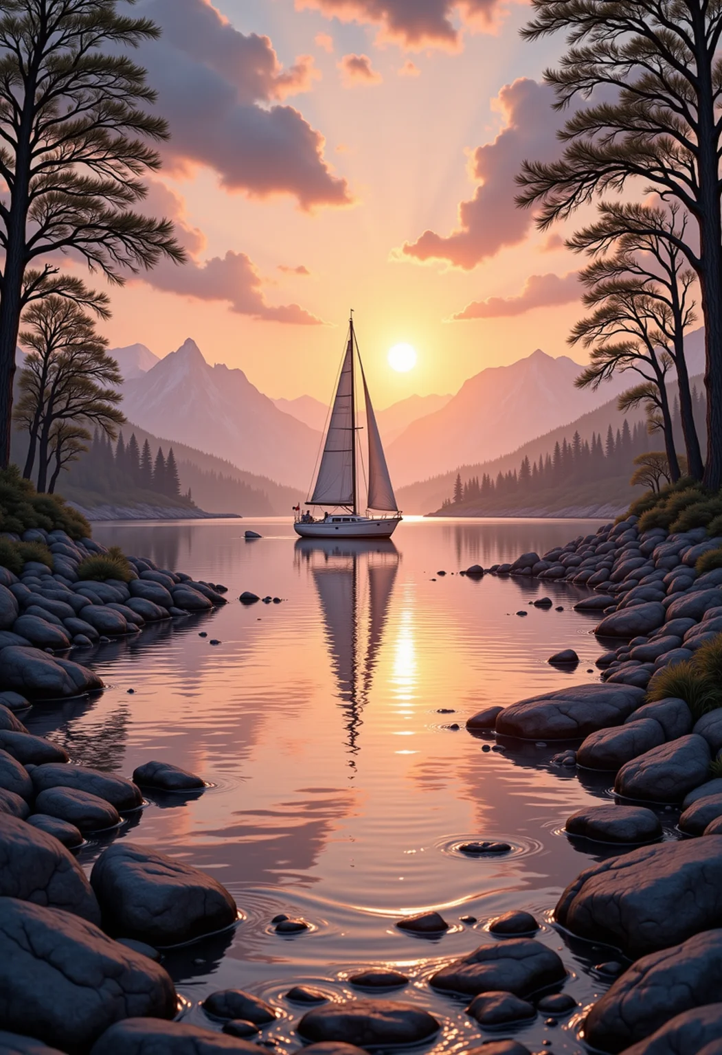 hyp3rd3tail style, a solitary sailboat in the distance on a serene lake, sunset