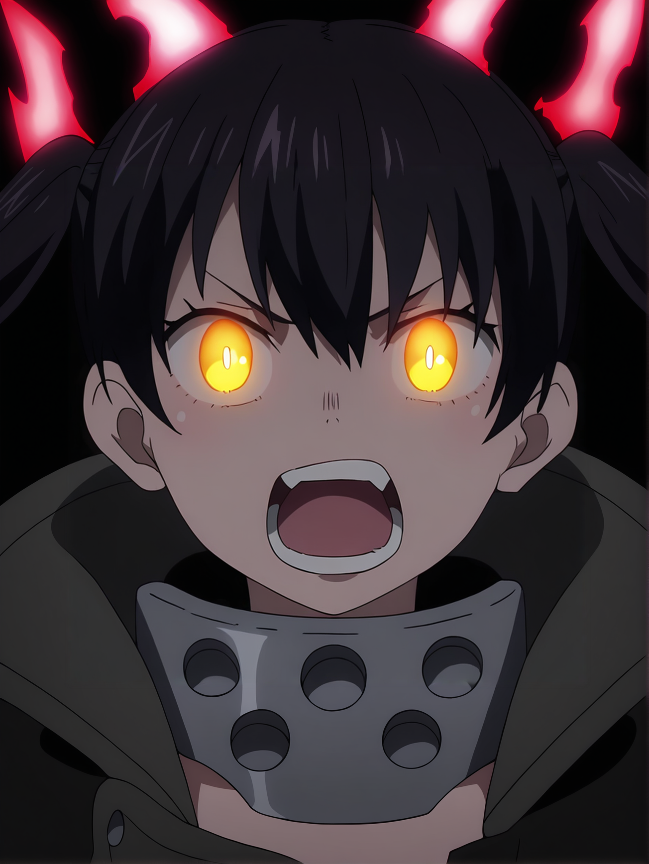 <lora:Tamaki:0.8>, tamaki, 1girl, solo, glowing yellow eyes, black hair twin tails, black open fireman uniform, metal choker, red energy cat ears, rage, fuming, wide eyes, mouth agape, teeth, looking at viewer, portrait, dark background