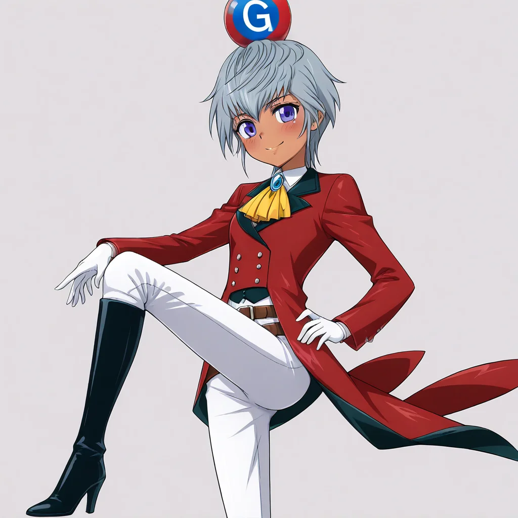 Asana Mutsuba, 1girl, solo, dark skin, short hair, grey hair, white hair, blue eyes, purple eyes, white shirt, blue brooch, red coat, yellow ascot, white gloves, brown belt, white pants, black footwear, high heel boots, knee boots, upper body, Google on head, hand on the back, blush, looking at viewer, smile, simple background,