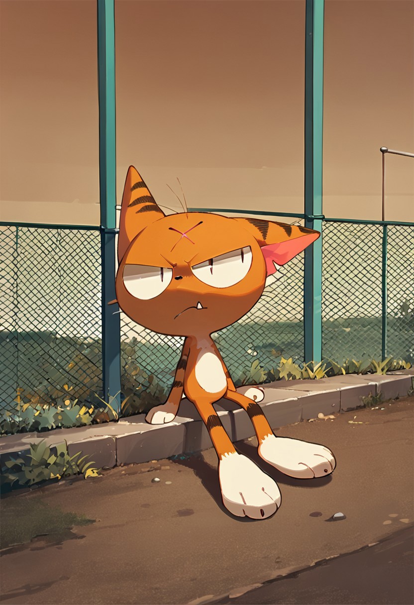matatabi_ckc, solo, furry male, furry, looking away, orange fur, eyepatch, male, cat, scar, bored, narrowed eyes, half closed eyes, closed mouth, arms behind head, looking at viewer, sitting, next to fence, fangs, 1 eye, eye, backward, fence, (((score_9, score_8, score_7, high quality, high detail, detailed face, good anatomy, full body)))