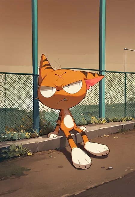 matatabi_ckc, solo, furry male, furry, looking away, orange fur, eyepatch, male, cat, scar, bored, narrowed eyes, half closed eyes, closed mouth, arms behind head, looking at viewer, sitting, next to fence, fangs, 1 eye, eye, backward, fence, (((score_9, score_8, score_7, high quality, high detail, detailed face, good anatomy, full body)))