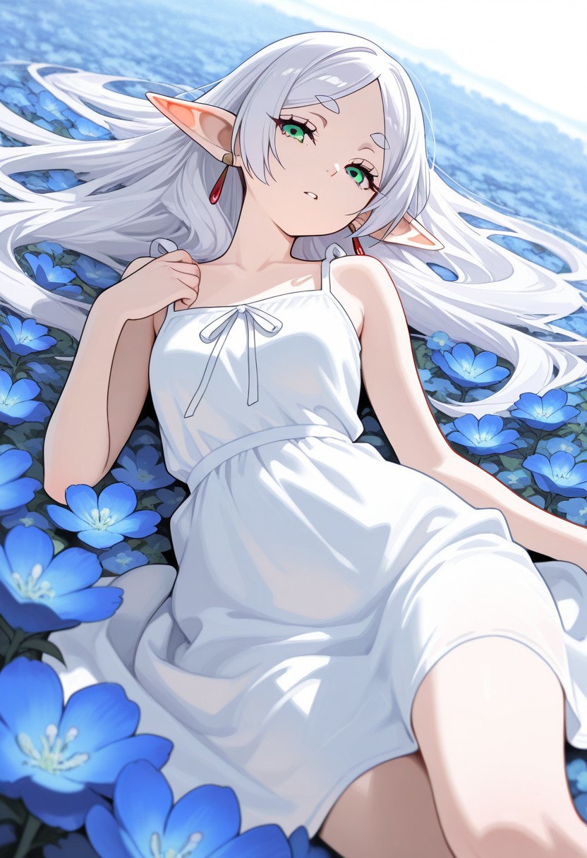 WALLPPR_ST, detailed background, (masterpiece), (best quality), (ultra-detailed), very aesthetic, high resolution, illustration, perfect composition, intricate details, absurdres, newest, extremely detailed eyes, beautiful, perfect lighting, hi res, amazing quality, very awa, painting_(artwork), dynamic angle, dynamic pose, elf girl, frieren, 1girl, dress, pointy ears, solo, flower, white dress, blue flower, long hair, lying, on back, jewelry, earrings, half-closed eyes, sleeveless dress, white hair, sleeveless, thick eyebrows, looking at viewer, collarbone, bare shoulders, short eyebrows, elf, bare arms, parted bangs, parted lips, bangs, sundress, aqua eyes