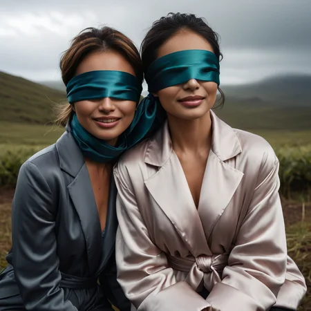 (((dark cinematic still with dark vibes))),one squatting two hispanic middle aged women,<lora:Pony_Extra_Puffy_Jackets_V1:0.7> high_collar_jacket , satin_scarf_blindfold,smile,beautiful eyes,tea,stormy weather (mouth closed)
<lora:satin_scarf_blindfold:0.7>
<lora:add-detail-xl:1>