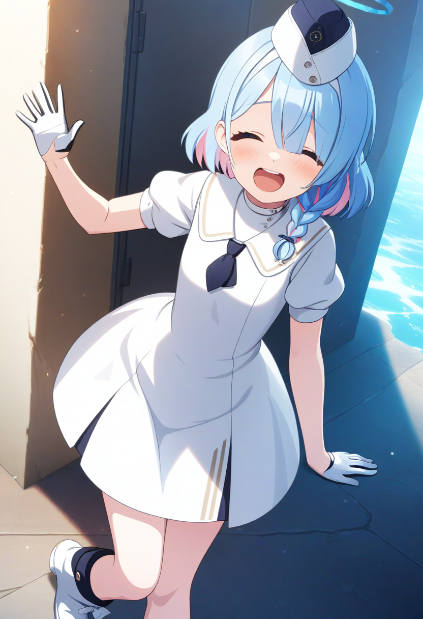 game cg, 1girl, solo, operator uniform, arona \(blue archive\), laughing, closed eyes, waving, looking at viewer,  blue eyes, braid, blue hair, two-tone hair, halo, white garrison cap,  neckerchief,  white dress,  short necktie,  puffy short sleeves,  half gloves,  white short boots <lora:utnapishtim_operator_ag3.1:0.7>