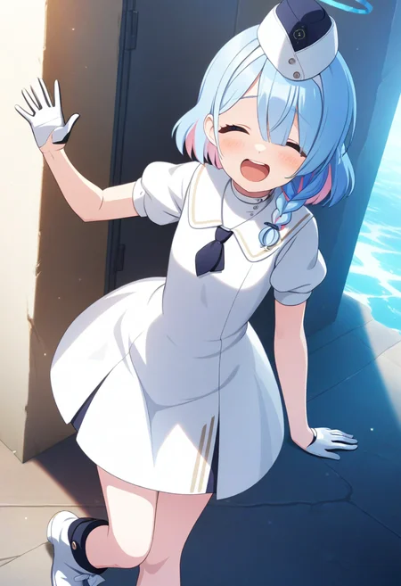 game cg, 1girl, solo, operator uniform, arona \(blue archive\), laughing, closed eyes, waving, looking at viewer, blue eyes, braid, blue hair, two-tone hair, halo, white garrison cap, neckerchief, white dress, short necktie, puffy short sleeves, half gloves, white short boots <lora:utnapishtim_operator_ag3.1:0.7>