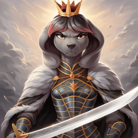 masterpiece, score_9_up, score_8_up, score_7_up, score_6_up, source_furry, (best quality:1.1), ultra-detailed, high resolution, 1dog girl, solo, Princess Molly, female, anthro, canine, slim body, beautiful yellow eyes, long eyelashes, black fur, short black hair, red hair tips, fluffy tail, big floppy dog ears, animal nose, small breast, detailed facial features, royal armor, crown, medieval, dark sky, dust, (holding sword:1.4), silver sword, fierce expression, determined, action pose, dramatic lighting, highly visible, anatomically correct, dynamic scene, detailed background