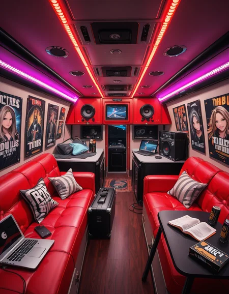 The interior of a modern RV customized for a rock band on tour. The space is stylish and lived-in, filled with musical gear like guitar cases, amps, and a drum pad. There are leather couches, a small kitchenette with snacks and energy drinks, and a cluttered table with laptops, cables, and setlists. A narrow hallway leads to sleeping bunks with personal items like headphones, books, and clothes tossed around. The lighting is warm with LED strips in red and purple tones, giving it a cozy but edgy atmosphere. A small TV displays concert footage, and speakers are mounted on the ceiling. The whole scene feels energetic, artistic, and chaotic in a creative way. Realistic style, rich colors, and highly detailed environment.
<lora:SDXLFaeTastic2400:0.4> <lora:extremely_detailed:0.4> extremely detailed ,r0ck b4nd rv <lora:r0ck_b4nd_rv-i:1>, Masterpiece,best quality,hi res,8k,hi res,8k,award winning,(sharp focus, intricate, highly detailed),