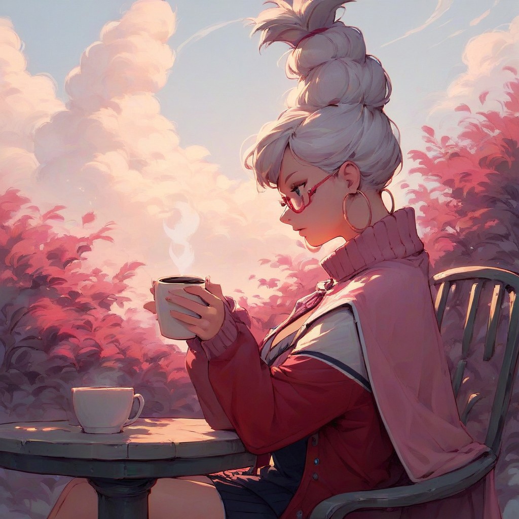 Expressiveh, score_9, score_8_up, score_7_up, solo
Break
seiko_wz, white hair, long hair, hair bun, single hair bun, large breasts, red jacket, letterman jacket, sweater, pink sweater, clavage, open clothes, open jacket, red glasses, two-tone jacket,  multicolored jacket, pink cape, cape, hair ornament, hoop earrings
,women sitting, siting on chair, coffee table, garden view, red trees, sky, clouds, side view, view from side, zoom out view, watching scenic beauty,