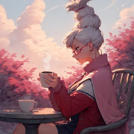 Expressiveh, score_9, score_8_up, score_7_up, solo
Break
seiko_wz, white hair, long hair, hair bun, single hair bun, large breasts, red jacket, letterman jacket, sweater, pink sweater, clavage, open clothes, open jacket, red glasses, two-tone jacket, multicolored jacket, pink cape, cape, hair ornament, hoop earrings
,women sitting, siting on chair, coffee table, garden view, red trees, sky, clouds, side view, view from side, zoom out view, watching scenic beauty,
