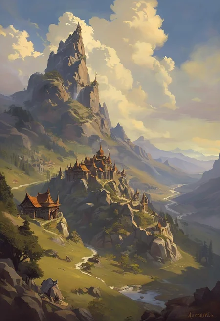 Arathi Highlands: Arathi Highlands, with its rolling hills and strategic battlegrounds, is a land of conflict and beauty. The ancient Stromgarde Keep stands as a testament to human tenacity, while the Circle of Elements whispers of older magics., 
in the style of a frank frazetta oil painting mixed with world of warcraft