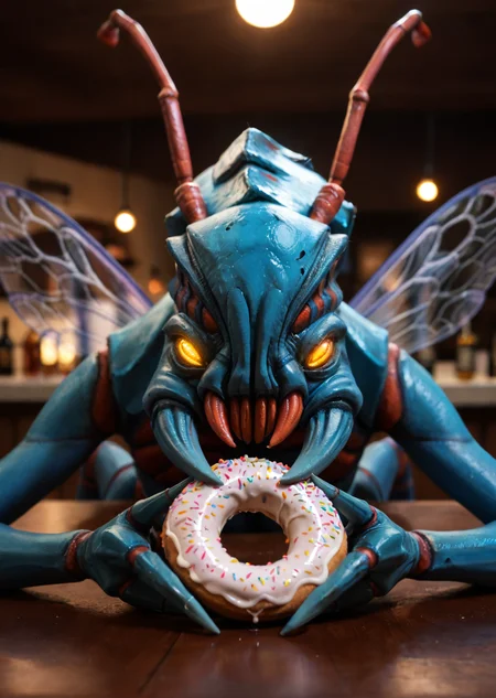 <lora:weaver_v3:0.8>weaver_v3,
no humans, pokemon (creature), monster, insect,
yellow eyes, glowing eyes, colored sclera,
claws,
teeth, sharp teeth, fangs,
horns, spikes, antennae, two antennas in the head,
blue skin, colored skin, wet skin
arthropod limbs, extra arms, multiple legs,
insect wings, wings,
hyper detail, hq, 8k, score_9, score_8_up, score_7_up, score_6_up, derpibooru_p_95,
detailed eyes, beautiful, detailed background, perfect eyes,
solo,
warm lighting, vibrant sun set, view from side, in a busy cafe, holding a doughnut, seductive look, happy look, volumetric lighting style, windy,, Expressiveh, sitting at the bar, looking at viewer
blur censor, blurry, blurry background, blurry foreground, bokeh, motion blur,
chromatic aberration, depth of field, figure, focused, focus
photography, realistic sun light and shadows, photorealism, UHD --ar 9:16 --style raw --stylize 700,, macro shot of an insect,