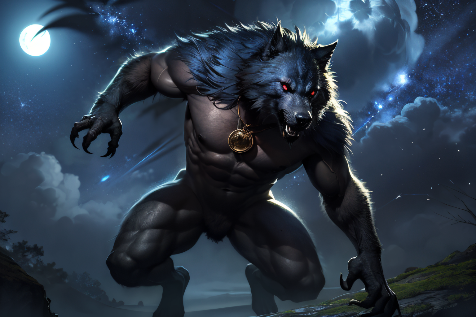 EdobWerewolf  (Realistic:1.5) abs, fur, moonlight, full body, plant, armor, armor, furry, fur, realistic, red eyes, solo, wolf, upper body, cloud, male focus, starry sky, male focus, necklace, claws, fur, sky, <lora:EdobWerewolf_v1.0:0.8>